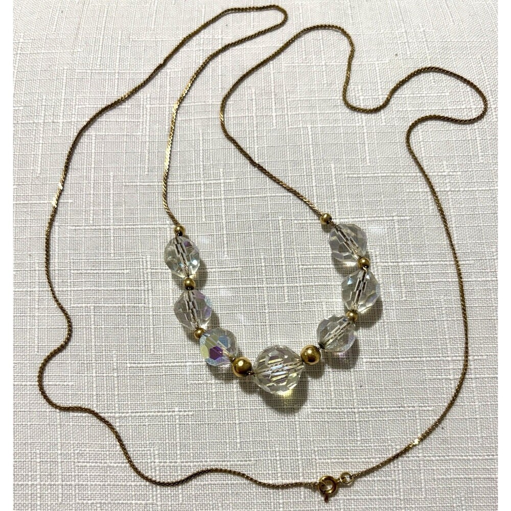 Vintage AB Crystal Necklace 14K Gold Filled 28” Faceted Beads Estate Jewelry